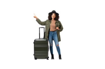 Black female tourist sits on a suitcase holding a passport and hands pointing at the photocopying area. On a transparent studio background