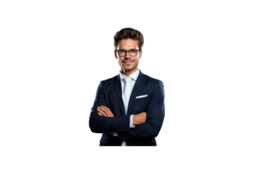 Handsome young businessman wearing a mask stands with his arms crossed and smiles looking at the camera. Isolated on transparent background.