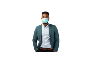Handsome young businessman wearing a mask stands with his arms crossed and smiles looking at the camera. Isolated on transparent background.