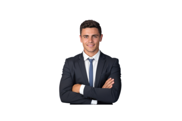 Handsome young businessman wearing a mask stands with his arms crossed and smiles looking at the camera. Isolated on transparent background.