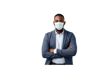 Handsome young businessman wearing a mask stands with his arms crossed and smiles looking at the camera. Isolated on transparent background.