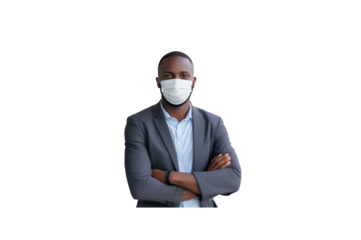 Handsome young businessman wearing a mask stands with his arms crossed and smiles looking at the camera. Isolated on transparent background.