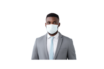 Handsome young businessman wearing a mask stands with his arms crossed and smiles looking at the camera. Isolated on transparent background.