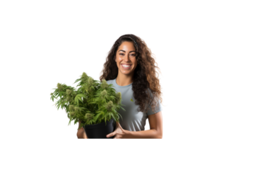 Female volunteer stands holding a plant and smiles at the camera. transparent background