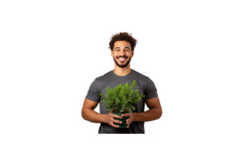 Female volunteer stands holding a plant and smiles at the camera. transparent background