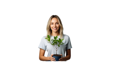 Female volunteer stands holding a plant and smiles at the camera. transparent background