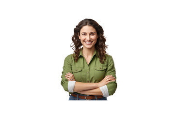 A female farmer stands with her arms crossed and smiles at the camera