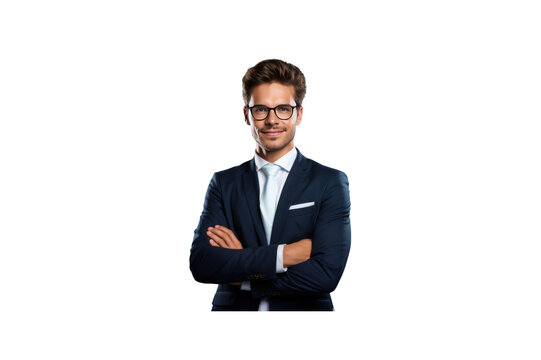 Handsome young businessman wearing a mask stands with his arms crossed and smiles looking at the camera. Isolated on transparent background.
