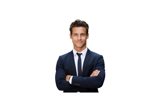 Handsome young businessman wearing a mask stands with his arms crossed and smiles looking at the camera. Isolated on transparent background.