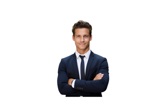 Handsome young businessman wearing a mask stands with his arms crossed and smiles looking at the camera. Isolated on transparent background. - Powered by Adobe
