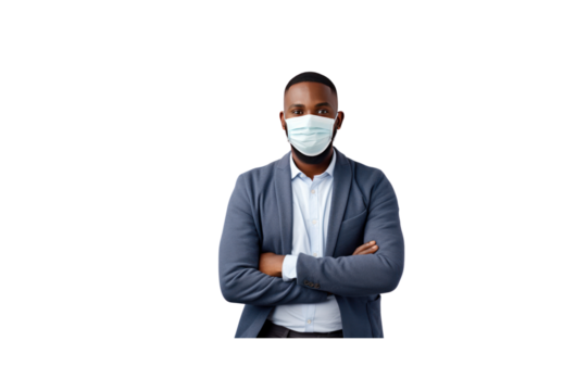 Handsome young businessman wearing a mask stands with his arms crossed and smiles looking at the camera. Isolated on transparent background. - Powered by Adobe