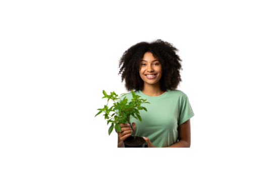 Female volunteer stands holding a plant and smiles at the camera. transparent background