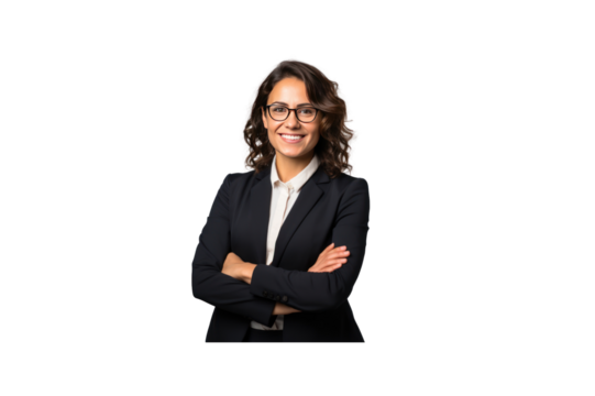Business woman wearing glasses and mask standing with arms crossed and smiling looking at camera