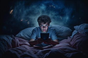A male teeanger face under blue lights from mobile phone. A boy focuses on a smartphone in his hands while laying in bed with no lights on. Generative AI. - Powered by Adobe