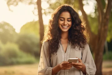 Foto op Aluminium Close up beautiful young indian woman smiling and looking at mobile phone Generative AI © Tony