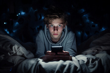 A male teeanger face under blue lights from mobile phone. A boy focuses on a smartphone in his hands while laying in bed with no lights on. Generative AI. - obrazy, fototapety, plakaty