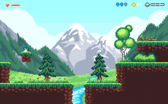 Valley location for a pixel platformer. Mockup includes tileset, background and sprites. The resolution of objects is 16x16 pixels.
