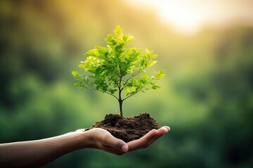 World environment day concept: Human hands holding big tree over blurred abstract beautiful green nature background