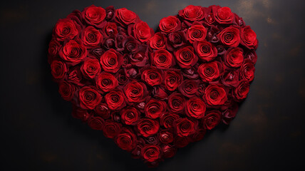 Red roses in the shape of a heart on a dark background.