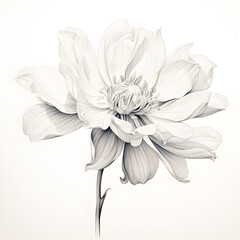 white flower, A botanical illustration of flower, petals, stamen and pistil on white background.