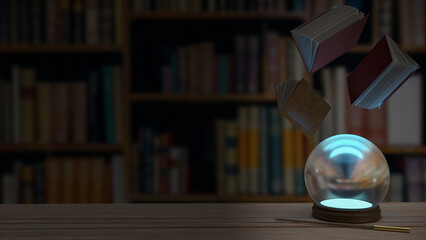 The Magic ball on wood table  in library 3d rendering.