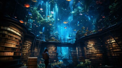 a person standing in a room with a large aquarium