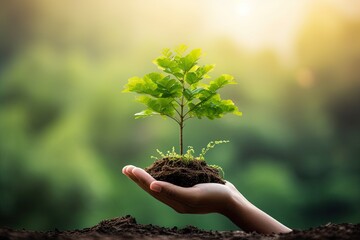 World environment day concept: Human hands holding big tree over blurred abstract beautiful green nature background - obrazy, fototapety, plakaty