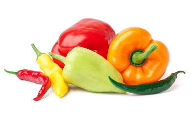 Colorful chili and bell peppers on white background.