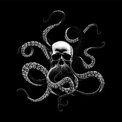 skull with tentacles hand drawing vector isolated on black background.