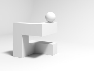 Abstract white geometric installation with a sphere placed on a cubical object, 3 d