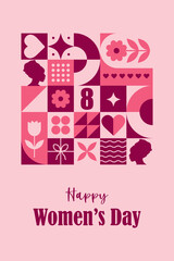 International womens day card. Abstract background for 8 march. Modern neo geometric pattern. Vector illustration in trendy bauhaus style. Template for postcards, invitations or web design.