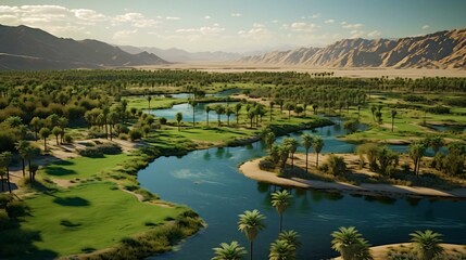 Fototapeta premium a body of water surrounded by land with trees and hills in the background