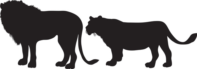 Pair lions silhouettes on white background. Lion and lioness vector illustrations. 雄ライオンと雌ライオンのシルエッットベクターイラスト
