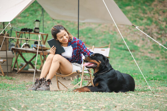 woman and a rottweiler dog on a camping trip in nature. relaxing woman read a book sitting on camping chair. a pet on vacation with his family, traveling with a dog, rest from the hustle and bustle.