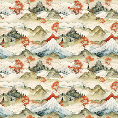 Fototapeta premium 和風の山の水彩イラスト シームレス背景素材