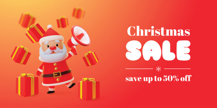 Christmas sale banner with a cartoon Santa Claus. 3d winter holiday illustration of gift boxes and a funny Santa Claus holding a megaphone on a red background. Vector 10 EPS.