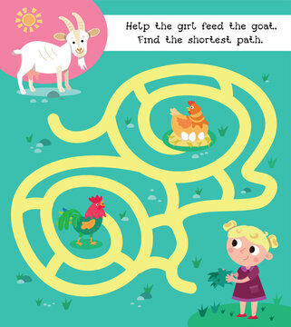Maze game, activity for children. Puzzle for kids. Vector illustration. Cute characters. Help the girl feed the goat. Find the shortest path. 