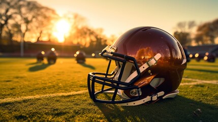 Golden Hour Glow: American Football Helmet on Turf, Sports Safety Equipment on Grass Field