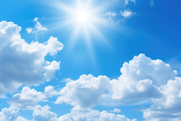 Naklejka na ściany i meble Background of blue sky and white clouds with the sun