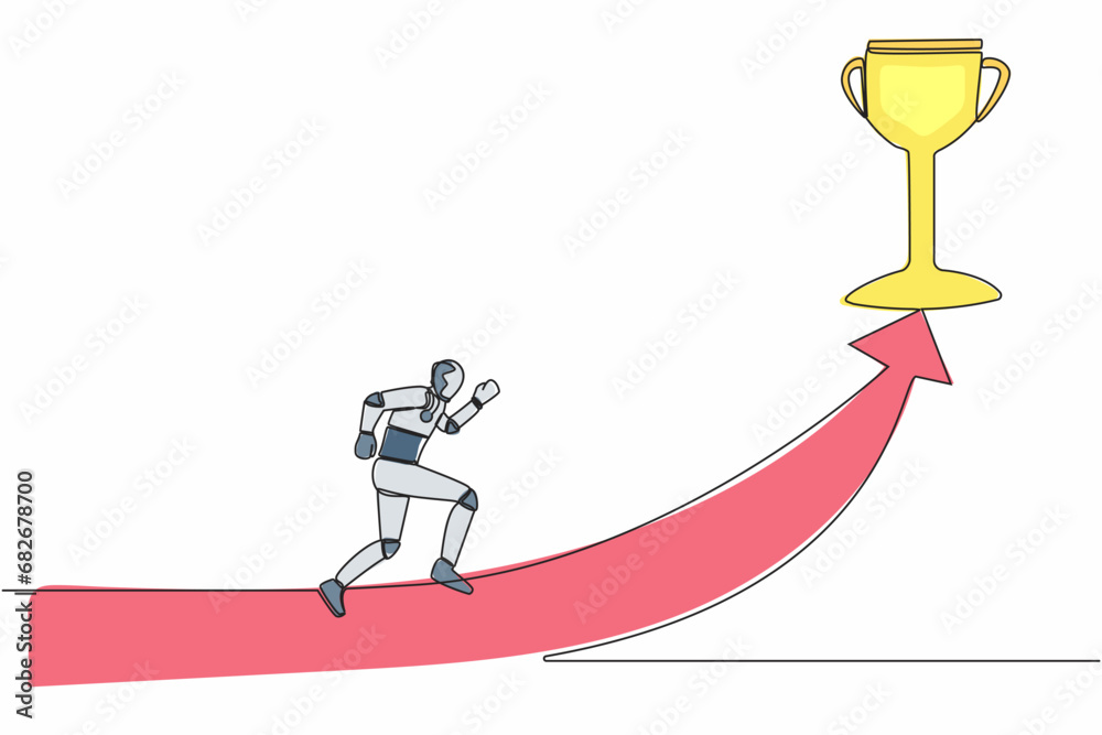 Poster single continuous line drawing of robot running on forward arrow to get trophy. robotic artificial i