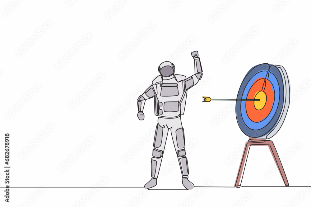 Poster continuous one line drawing astronaut with fist gesture in front of target board. successful in comp