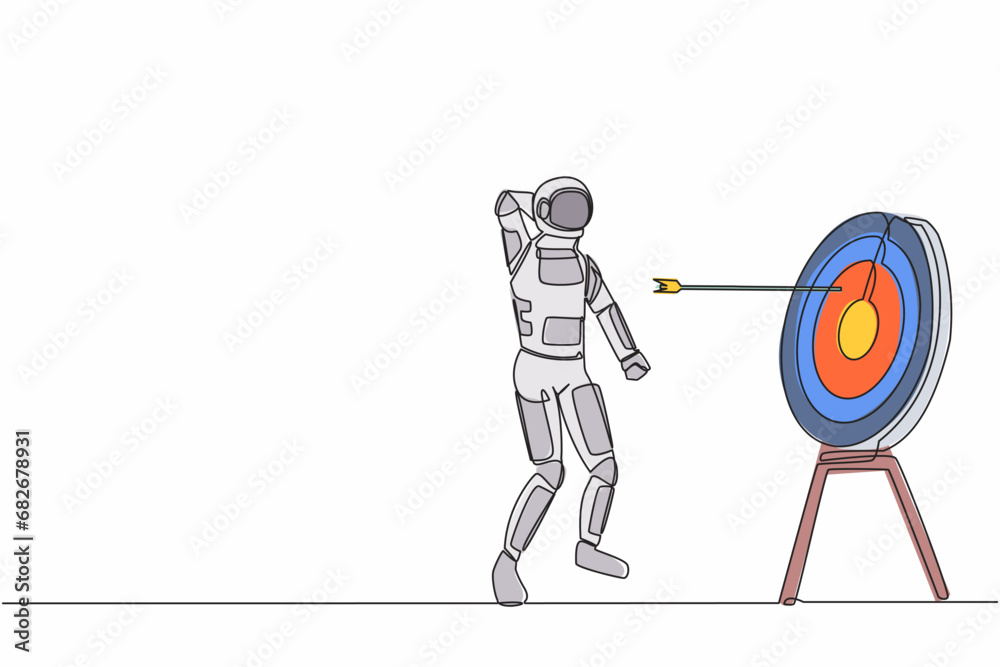 Poster single continuous line drawing confused astronaut with arrow missed at target. failed in launching r