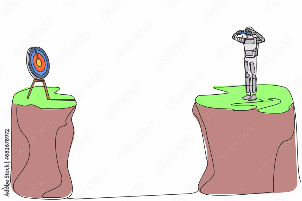 Poster continuous one line draw astronaut standing on cliff with binoculars looking for target on another c