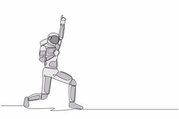 Continuous one line drawing happy astronaut standing with raise one hand and the other hand pose yes. Successful in space company. Cosmonaut outer space. Single line graphic design vector illustration