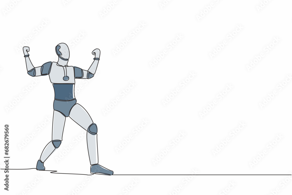 Poster single continuous line happy robot standing with raised his clenched fist hands. future robotic deve