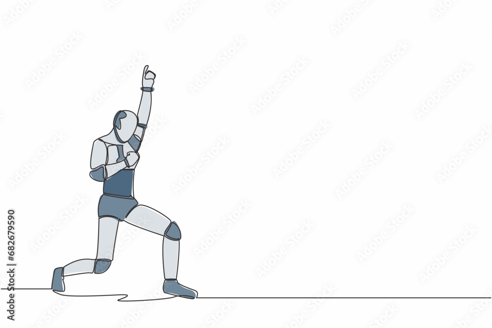 Poster single continuous line happy robot standing with raise one hand and the other hand pose yes. artific