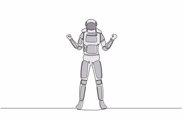 Single one line drawing happy astronaut standing with both hands yes gesture. Celebrating successful interstellar exploration. Cosmic galaxy space. Continuous line graphic design vector illustration