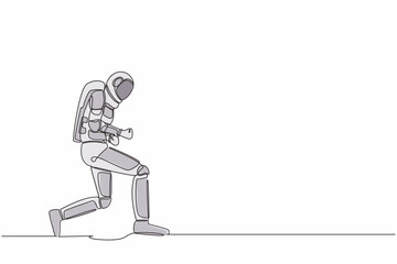 Single continuous line drawing happy astronaut bow with yes gesture. Successful victory spaceship mission expedition achievement. Cosmonaut deep space. One line draw graphic design vector illustration