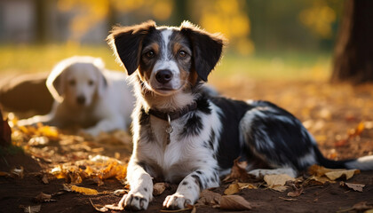 Two alert dogs resting among autumn leaves in a forest