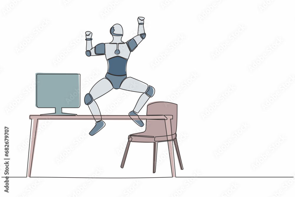 Poster single continuous line happy robot jumping with raised hands near desk workplace. modern robotic dev